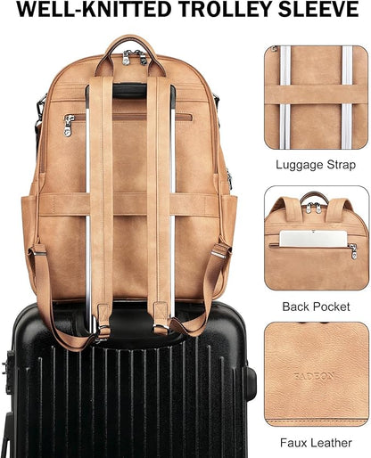FADEON 15.6 inch Laptop Backpack Purse for Women Designer PU Leather Computer Backpacks Fashion for Work Travel Camel Brown