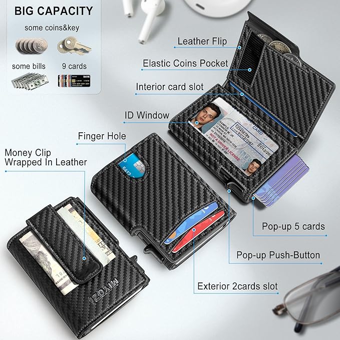 miyozi Wallet for Men, Magnetic Minimalist Slim Wallet with Pop Up Card Holder, 9 Cards RFID Blocking Metal Credit Card Case, Leather Wrapped Money Clip, ID Window & Small Item Slot, Gift Boxed