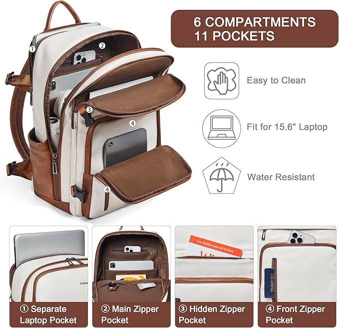 Travel Backpack for Women and Men, Fits 17.0" Laptop, Stylish Lay-Flat Carry-on Vegan Leather Backpack with Luggage Strap for Travel and Daily Use