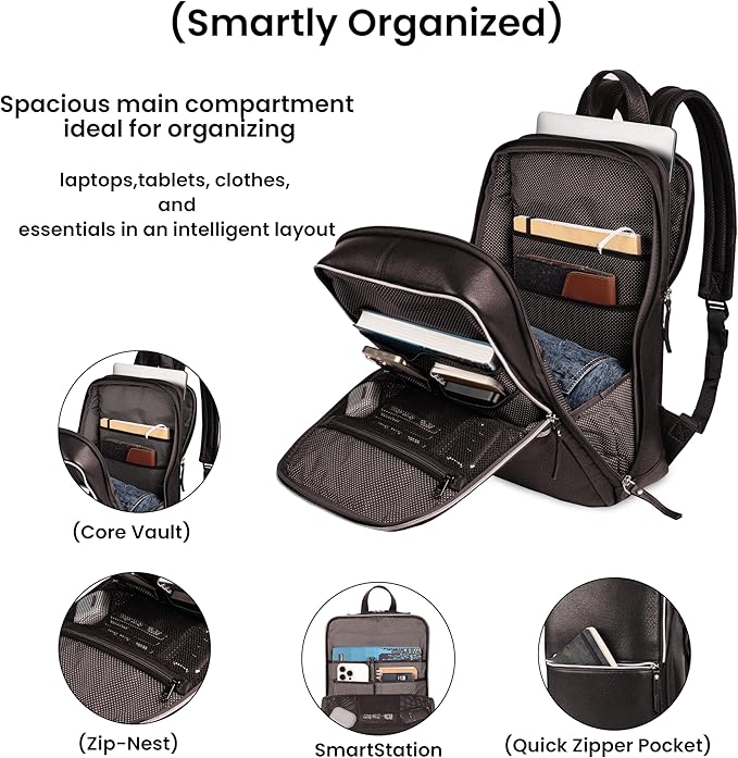 LEATHER VILLAGE Leather Laptop Backpack for Men | Chocolate Brown | Slim Professional Business Bag Fits 15.6”-Laptop | Water-Repellent Work & Travel Daypack with Trolley Strap