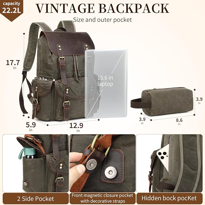 Wogarl Vintage Leather Canvas Backpack, Waxed Canvas Shoulder Rucksack with Toiletry Shoulder Rucksack for Traveling, Camping, Hiking,Business College Fits 17inch Laptop,Green