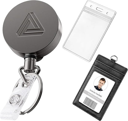 Heavy Duty Metal Retractable Badge Holder Reel with Belt Clip Key Ring, Waterproof Vertical Clear ID Card Holder and PU Leather Badge Holder