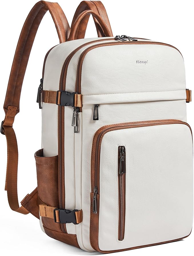 Travel Backpack for Women and Men, Fits 17.0" Laptop, Stylish Lay-Flat Carry-on Vegan Leather Backpack with Luggage Strap for Travel and Daily Use