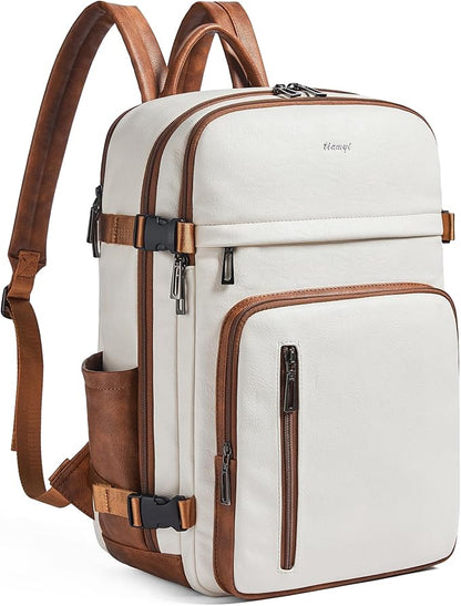 Travel Backpack for Women and Men, Fits 17.0" Laptop, Stylish Lay-Flat Carry-on Vegan Leather Backpack with Luggage Strap for Travel and Daily Use