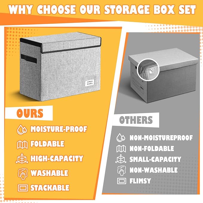 Leffis Comic Book Storage, Box 15.5" X 7.5" X 11.3", Collapsible Comic Short Box with Lids Holds 150 Comics Heavy Duty Comic Book Bin Container (2 pack, grey)