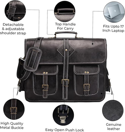 Vintage Leather Laptop Bag for Men Full Grain Large Leather Messenger bag for men 18 inches with rustic look Brown briefcase (Black)
