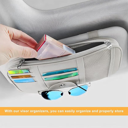 Car Sun Visor Organizer, Multi-Pocket Leather Auto Storage Pouch with Glasses Clip & Zippers, Multifunctional Sun Visor Storage Bag Ticket Organizer for Cars Trucks SUVs (Gray)