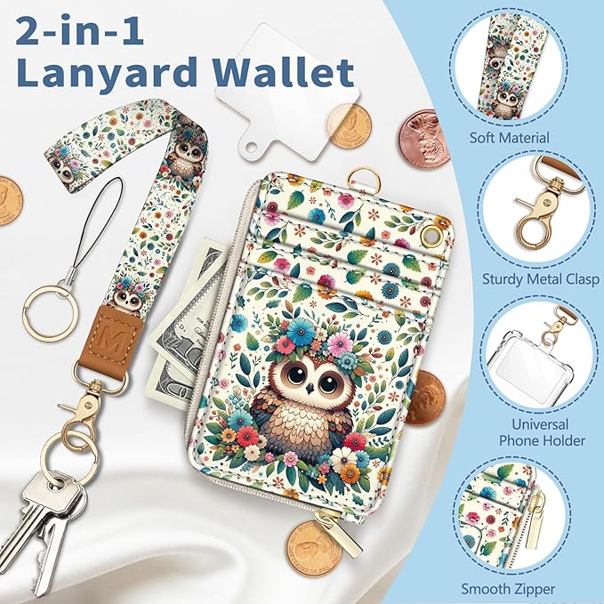 Lanyard Wallet with Id Badge Holder, Floral Owl RFID Small Keychain Wallet Women Wristlet, Cute Zipper Credit Card Holder Phone Wrist Neck Strap for Key Name Tag, Teacher Student Office Gifts