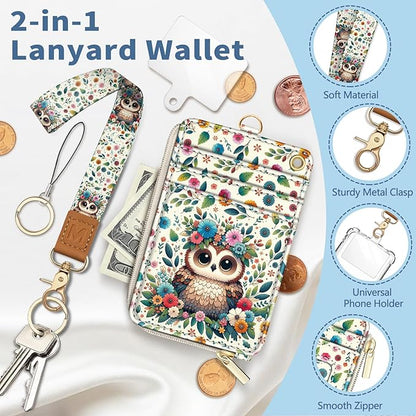 Lanyard Wallet with Id Badge Holder, Floral Owl RFID Small Keychain Wallet Women Wristlet, Cute Zipper Credit Card Holder Phone Wrist Neck Strap for Key Name Tag, Teacher Student Office Gifts