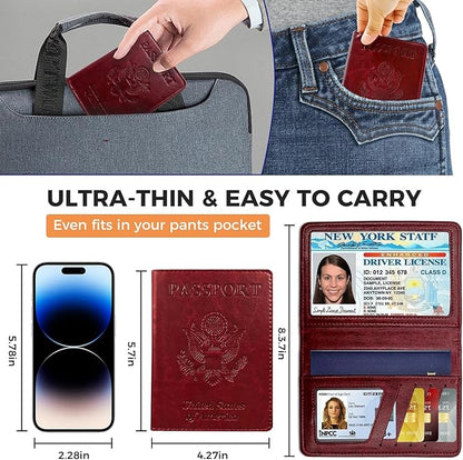 Passport Holder for Travel Essentials RFID Blocking Wallet Card Case PU Leather Passport Cover Women and Men (Wine)