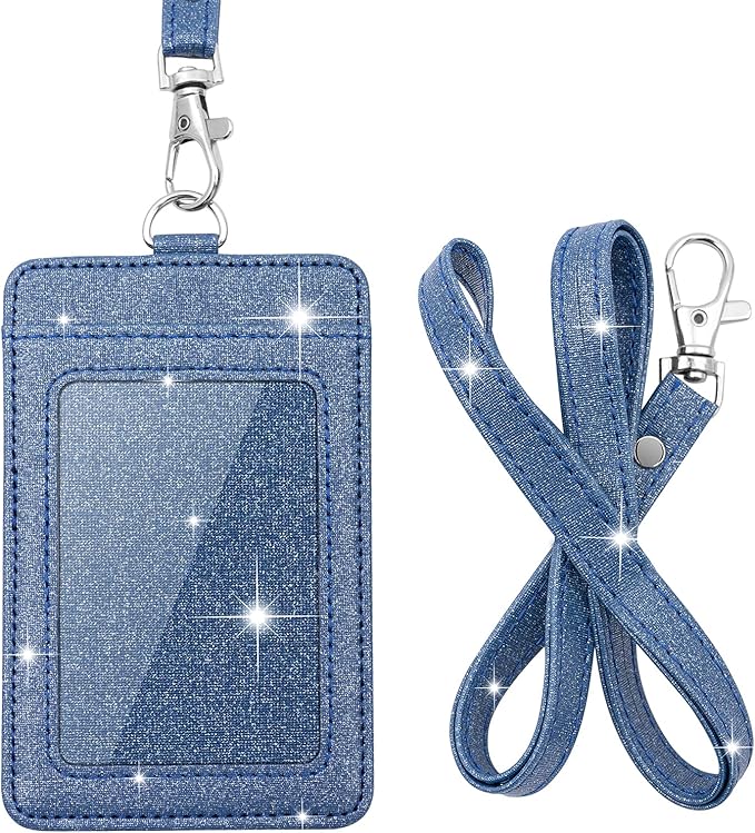 PU Leather ID Badge Holder, Life-Mate ID Badge Holder with 1 Clear ID Window 1 Credit Card Slot and PU Leather Lanyard for Badge Credit Cards College ID Cards in Glitter Blue
