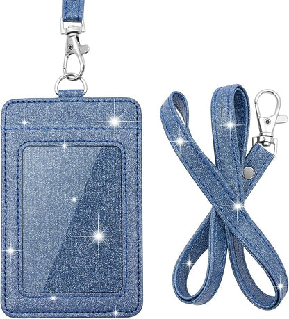 PU Leather ID Badge Holder, Life-Mate ID Badge Holder with 1 Clear ID Window 1 Credit Card Slot and PU Leather Lanyard for Badge Credit Cards College ID Cards in Glitter Blue