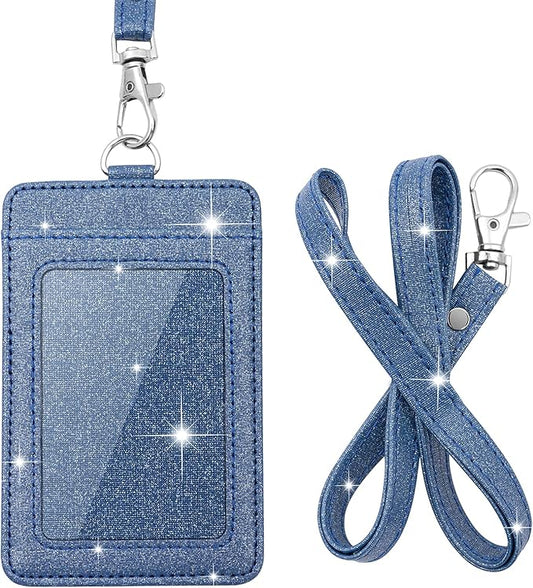 PU Leather ID Badge Holder, Life-Mate ID Badge Holder with 1 Clear ID Window 1 Credit Card Slot and PU Leather Lanyard for Badge Credit Cards College ID Cards in Glitter Blue