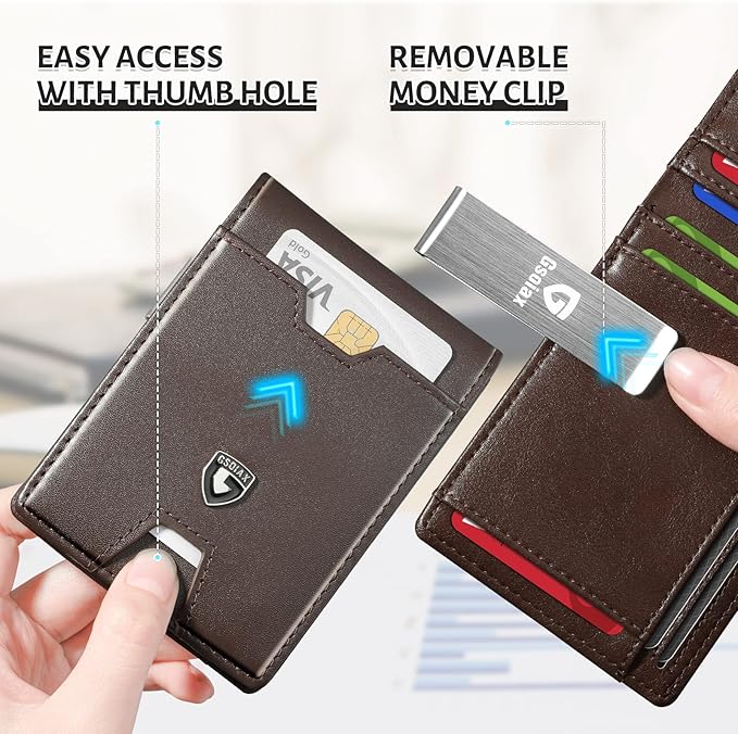 GSOIAX Men's Slim RFID Blocking Leather Wallet with Money Clip | Minimalist Carbon Fiber Bifold Credit Card Holder | 11 Card Slots | Gift Box Included(Leather Coffee)