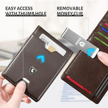GSOIAX Men's Slim RFID Blocking Leather Wallet with Money Clip | Minimalist Carbon Fiber Bifold Credit Card Holder | 11 Card Slots | Gift Box Included(Leather Coffee)