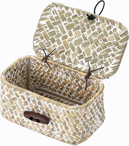 Hipiwe Wicker Shelf Basket Box with Lid Decorative Basket Handwoven Seagrass Storage Organizer Basket Decorative Basket, Whitewas 4.3" x 2.5" x 2.1"
