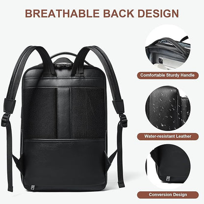 Shrrie Leather Laptop Backpack for Women and Men,28 L Travel Backpack Computer Bag Fits 16 inch Laptop,Expandable Casual Daypack with USB Charging Port for Work Business Weekender College,Black