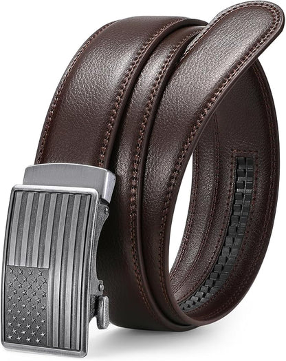 SANSTHS Mens Ratchet Belts Leather 1 3/8" for Men Dress and Casual, Adjustable Click Belts with American Flag Buckles