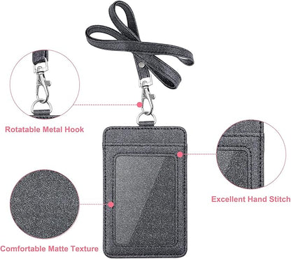 PU Leather ID Badge Holder, Life-Mate ID Badge Holder with 1 Clear ID Window 1 Credit Card Slot and PU Leather Lanyard for Badge Credit Cards College ID Cards in Glitter Black