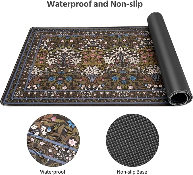 MOSISO Large Mouse Pad Gaming Mousepad, 35.43 x 15.74 inches Vintage Floral Cluster PU Leather Mousepad with Anti-Slip Base&Stitched Edges, Keyboard Pad Mouse Mat for Desktop/Office/Home, Black