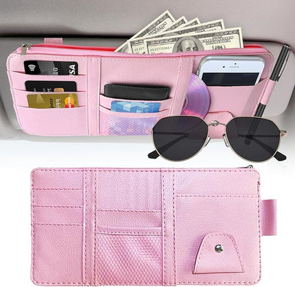 Sun Visor Organizer (Pink),Car Visor Storage Holder for Sunglasses, Documents, Cards & Pen,Zipper Pocket,Fits Sedans, Trucks, SUVs,Auto Interior Accessory