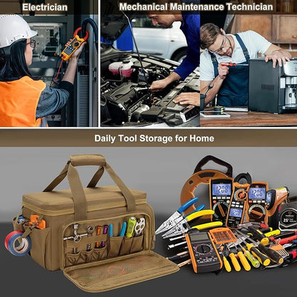 Rexmica 14-Inch Tool Bag with Anti-friction Bottom, Hand Tool Storage Organizer for Men, Tactical Range Bag, Multi-purpose Work Tote for Repairman, Carpenters, Handyman, Khaki