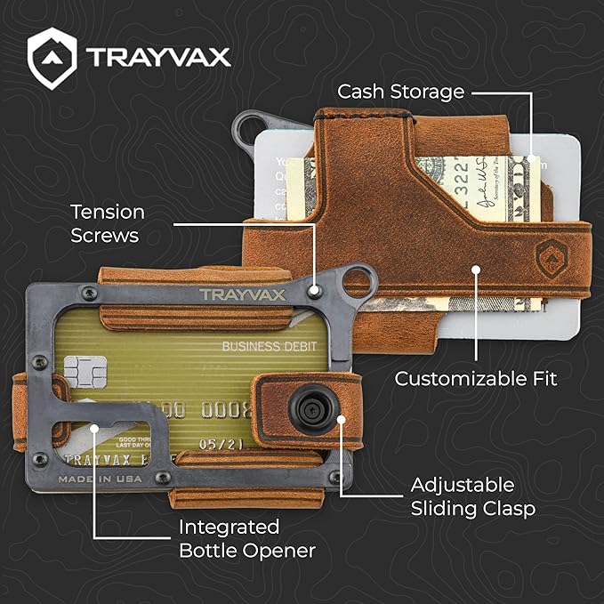 Trayvax Contour Wallet, RFID Front Pocket Money and Credit Card Holder, Minimalist Slim Leather Metal Wallet for Men and Women, Black Tobacco Brown
