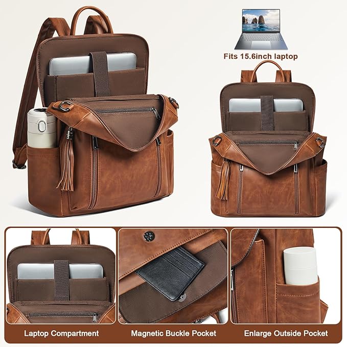 Shrrie Laptop Backpack for Women 15.6 inch,Travel Leather Backpack Purse Nurse Teacher Carry on Backpack Computer Bag,Professional Water-Resistant College Business Work Casual Daypack,Brown