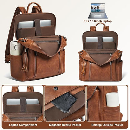 Shrrie Laptop Backpack for Women 15.6 inch,Travel Leather Backpack Purse Nurse Teacher Carry on Backpack Computer Bag,Professional Water-Resistant College Business Work Casual Daypack,Brown