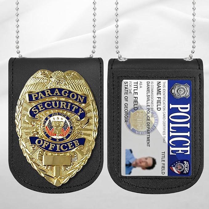 BESARME Police Badge Holder Belt Clip Cowhide Leather Badge Holders Universal Law Enforcement Security Badges Holder with Stainless Bead Chain（Rectangle）