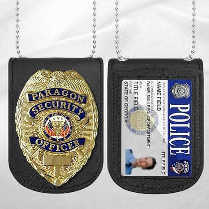 BESARME Police Badge Holder Belt Clip Cowhide Leather Badge Holders Universal Law Enforcement Security Badges Holder with Stainless Bead Chain（Rectangle）