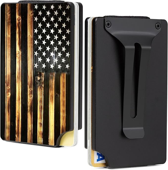 Minimalist Carbon Fiber Wallet for Men, Money Clip Cash Strap Wallet, RFID Blocking Metal Wallet Aluminum Card Holder,Front Pocket Wallet-Wood Flag