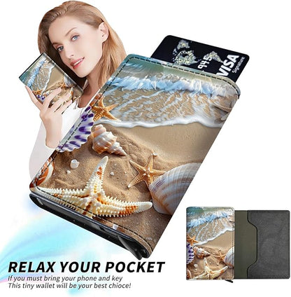 Beach Minimalist Wallet for Men Tarjeteros de hombres, Pop Up Card Case Wallet for Women, PU Leather Automatic Credit Card Holder Metal Money Clip Wallet RFID Blocking Bifold Pocket Wallet