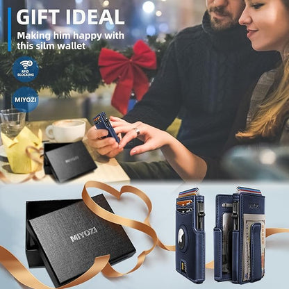miyozi Airtag Wallet for Men,with Money Clip 10 Cards Metal Case Smart Slim Pop Up Credit Card Holder Flip with Magnetic Closure RFID Blocking wallet with Gift Box