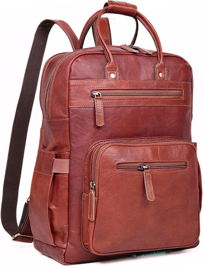 Genuine Leather Laptop Backpack for Men & Women, 16 Inch Vintage Brown Leather Backpack, Professional Work Computer Bag, Travel Rucksack for Office, Business & College