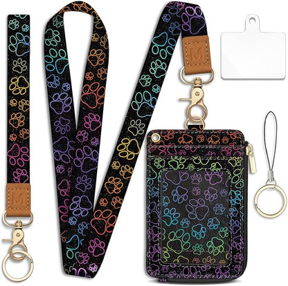 Lanyard Wallet with Id Badge Holder, Dog Paw RFID Small Keychain Wallet Women Wristlet, Cute Zipper Credit Card Holder Phone Wrist Neck Strap for Key Name Tag, Teacher Student Office Gifts