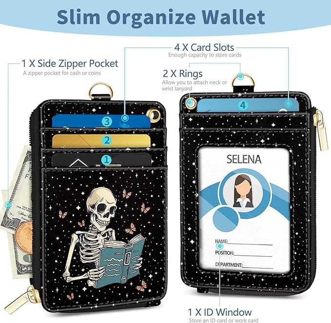 Lanyard Wallet with Id Badge Holder, Skeleton Book RFID Small Keychain Wallet Women Wristlet, Cute Zipper Credit Card Holder Phone Wrist Neck Strap for Key Name Tag, Teacher Student Office
