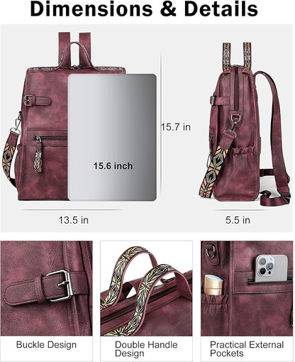 FADEON Leather Laptop Backpack for Women, Designer Ladies Work Travel Computer Backpack with Laptop Compartment Purse Red