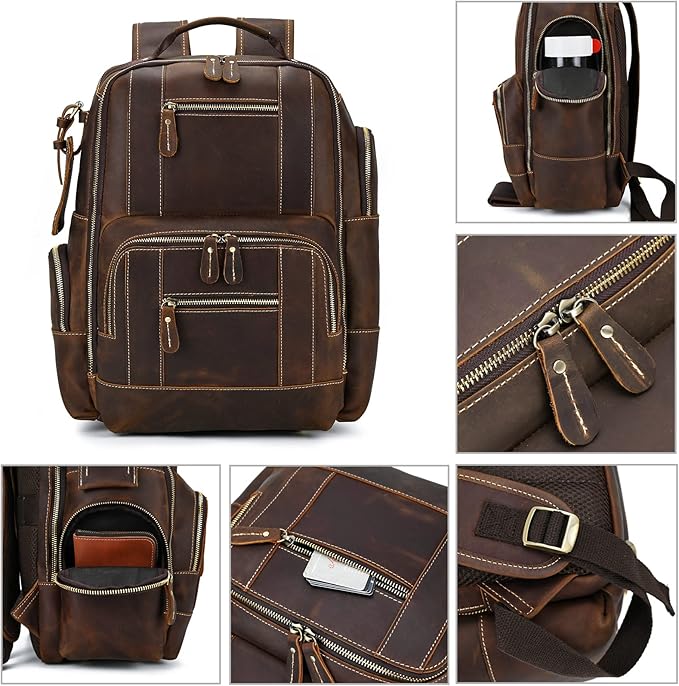 Vintage Full Grain Leather Backpack for Men, 16" Laptop Rucksack For Men Hiking Trave Work Business Bag, 9517 Brown
