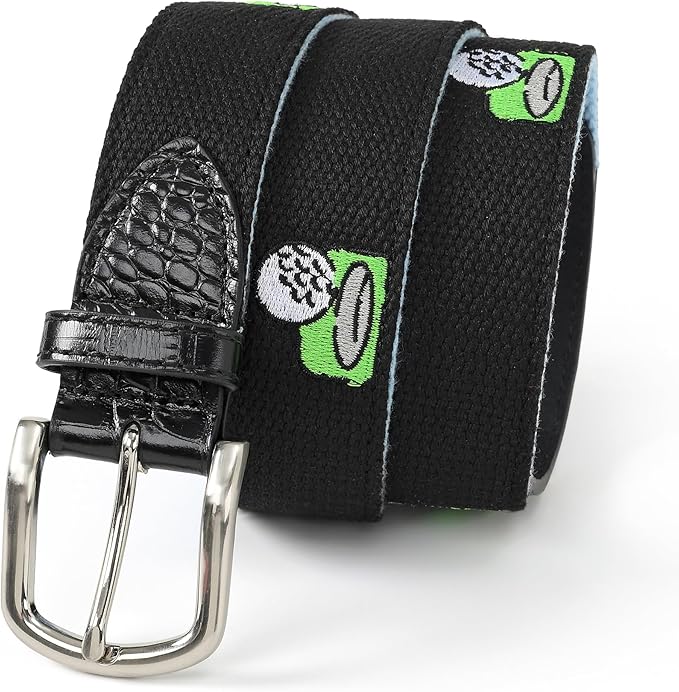 Mile High Life Golf Belts for Men, Canvas Belt with Genuine Leather Tips, Embroidered 2 Layer Web Belt with Pin Buckle