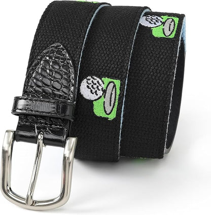 Mile High Life Golf Belts for Men, Canvas Belt with Genuine Leather Tips, Embroidered 2 Layer Web Belt with Pin Buckle