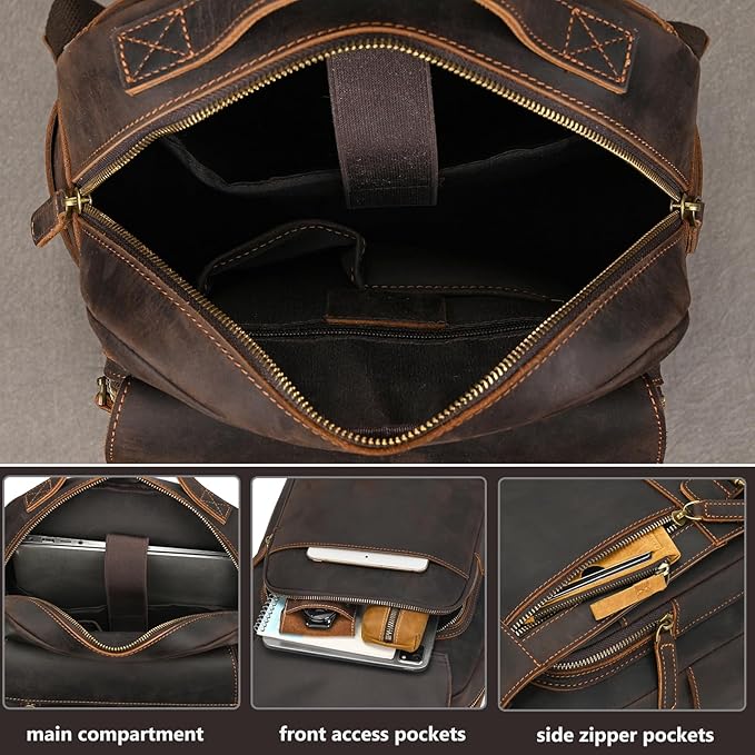 Vintage Full Grain Leather Backpack for Men, 16" Laptop Rucksack For Men Hiking Trave Work Business Bag, 1829 Dark Brown