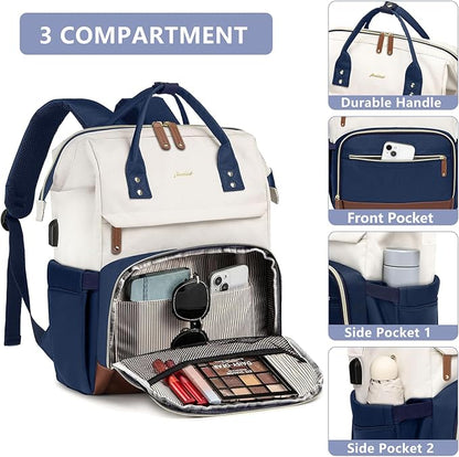 Focdod Laptop Backpack for Womem Work Bags: 15.6 Inch Travel BackPacks Durable Back Pack With USB Charging Port Anti Theft Fashion College BookBag Purse Bussiness Daypack for Nurse Teacher Navy Beige