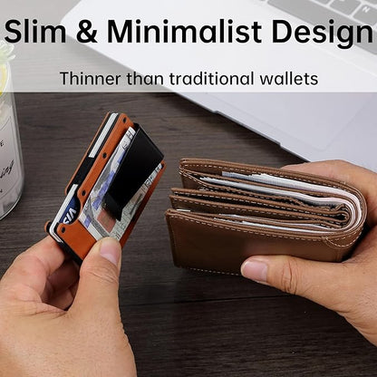 Minimalist Slim Wallet for Men,RFID Blocking Metal Wallet,Aluminum Credit Card Holder & Money Clip 12-15 Cards,Slim Rfid Front Pocket Mens Wallet,Leather Brown