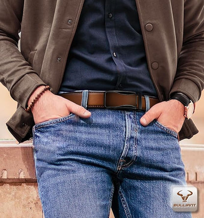 BULLIANT Mens Ratchet Belt,Leather Adjustable Slide Belt For Gift Mens Dress Casual 1 3/8",Size Adjustable
