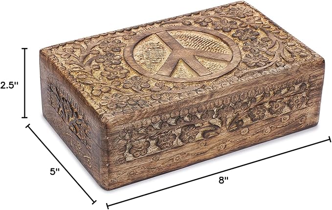 Ajuny Wooden Hand Carved Decorative Jewelry Box Peace Design Carvings Vintage Keepsake Storage Organizer Travel Treasure Chest Trinket Holder Case Great Gifts 8x5 Inch