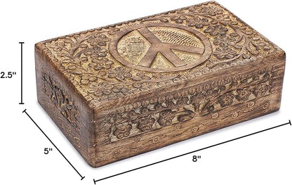 Ajuny Wooden Hand Carved Decorative Jewelry Box Peace Design Carvings Vintage Keepsake Storage Organizer Travel Treasure Chest Trinket Holder Case Great Gifts 8x5 Inch