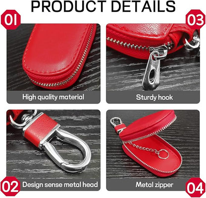 Car Key Case, Genuine Leather Auto Key Fob Protector, Universal Key Fob Cover Case with Metal Hook, Car Smart Keychain Holder for Remote Key Fob, Vehicle Keyring Zipper Bag (Red)