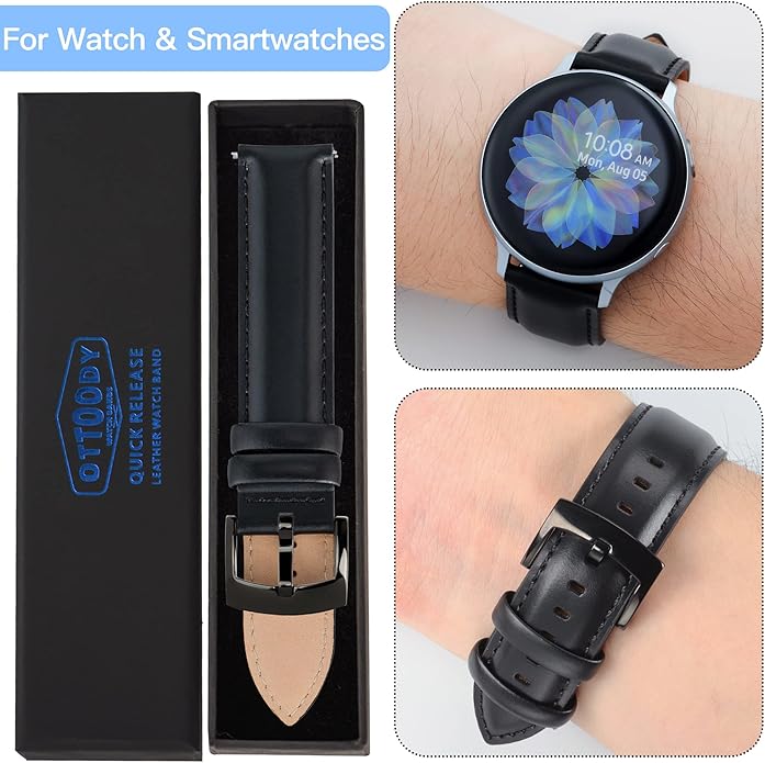 OTTOODY Leather Watch Bands Quick Release, Elegant Top Grain Leather Watch Straps for Men & Women, Choice of Color & Width - 18mm, 19mm, 20mm, 21mm or 22mm Wristbands Bracelet for Watch & Smartwatch