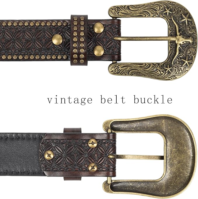 INOGIH Adjustable-Vintage-Western-Cowboy-Belt Women Men - Cowboy-Style Engraved-Buckle Belt for Jeans Pants Dresses